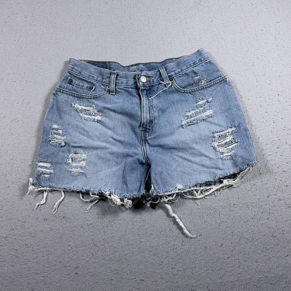 VTG Levis Denim Shorts Womens 10 Blue High Rise Distressed Cut Off Black Batwing
